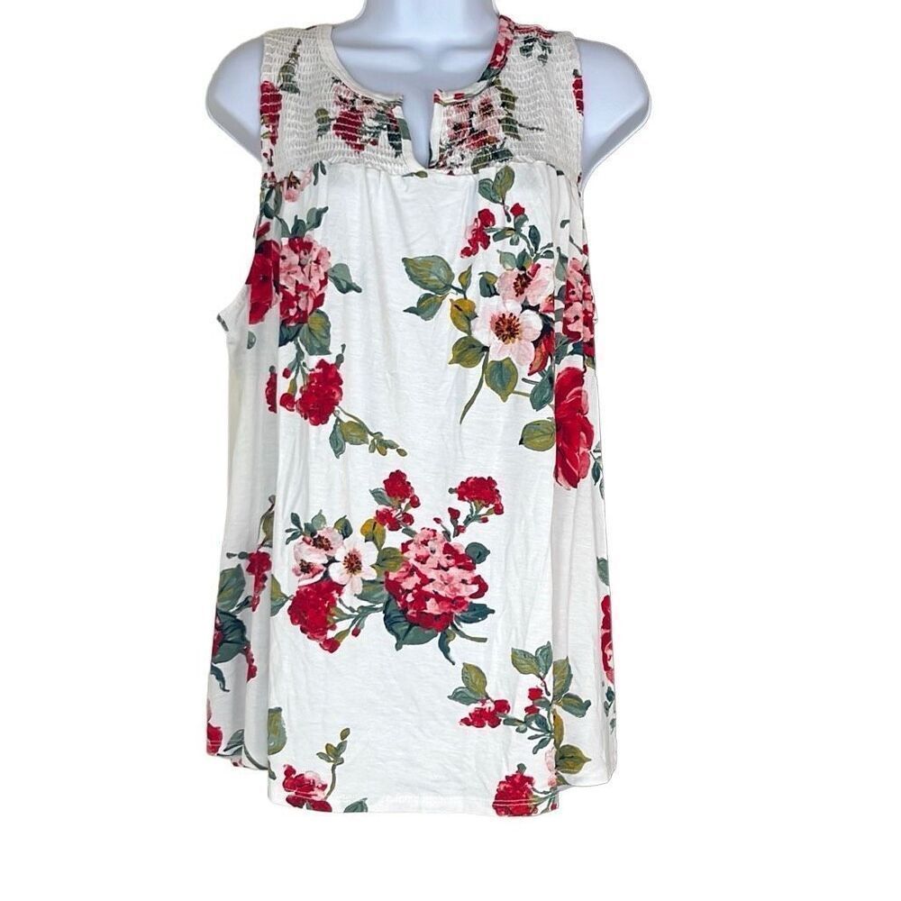 Papermoon Red White‎ Floral Sleeveless Smocked Neck Top 3X Plus Stretch NWOT